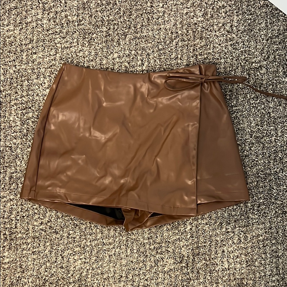 Brown Faux Leather Mini Skort